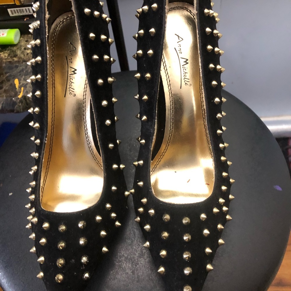 Studded spike gold and black suede heeled shoes